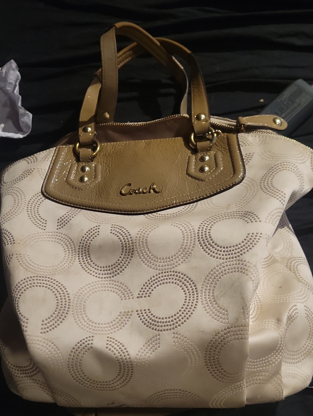 Coach Beige and Tan Signature Shoulder Bag